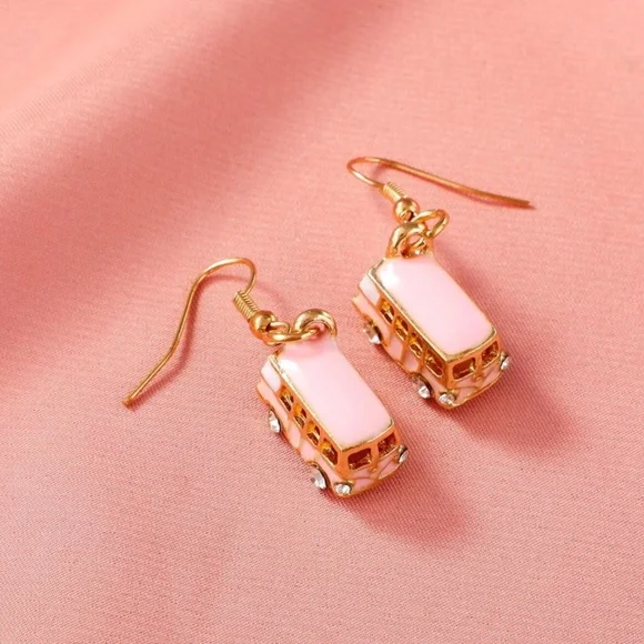 Bus Shape Gold Rhinestone Dangle Earrings Pink - Picture 3 of 5